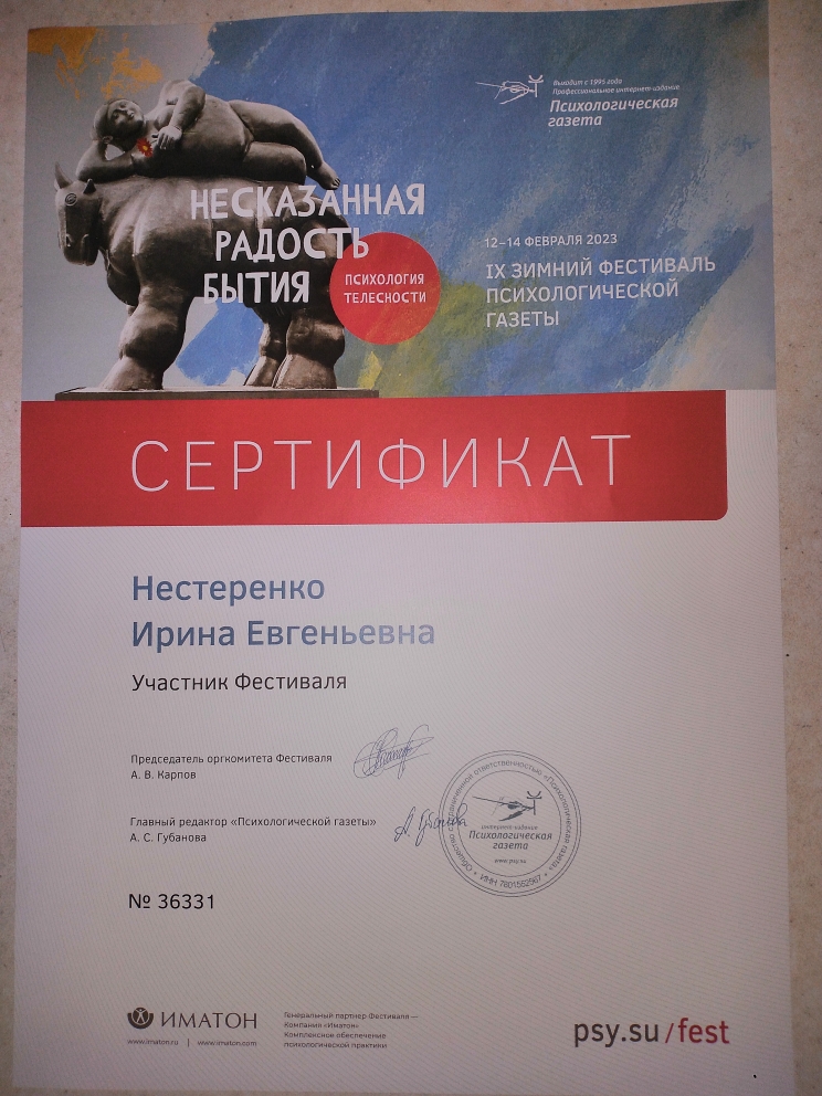 Нестеренко И.Е. Сертификат участника 9 Зимнего психологического фестиваля.jpg